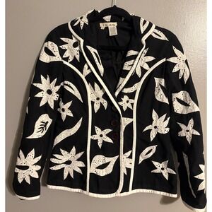 A la Carte Womens Black White Floral Applique Cotton Blazer Size M 2326J-68